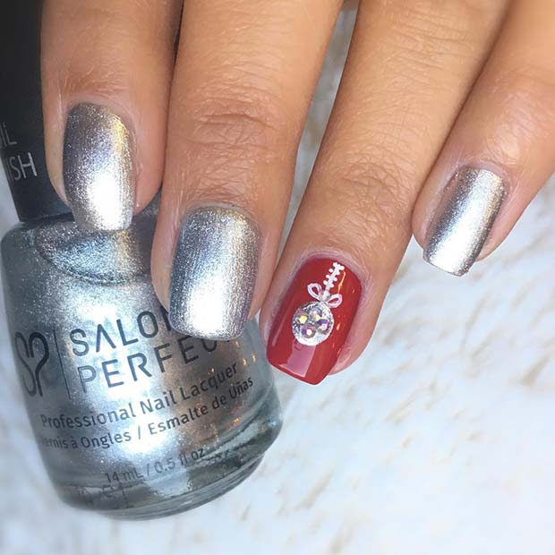 Silver and Red Bauble Holiday Nails