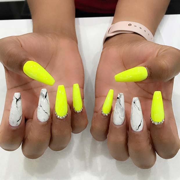 Marble and Neon Coffin Nails