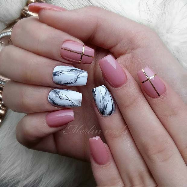 Short, Marble Coffin Nails  