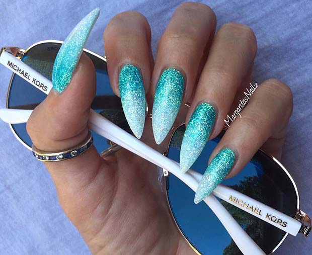 Blue to White Ombre Glitter Nails