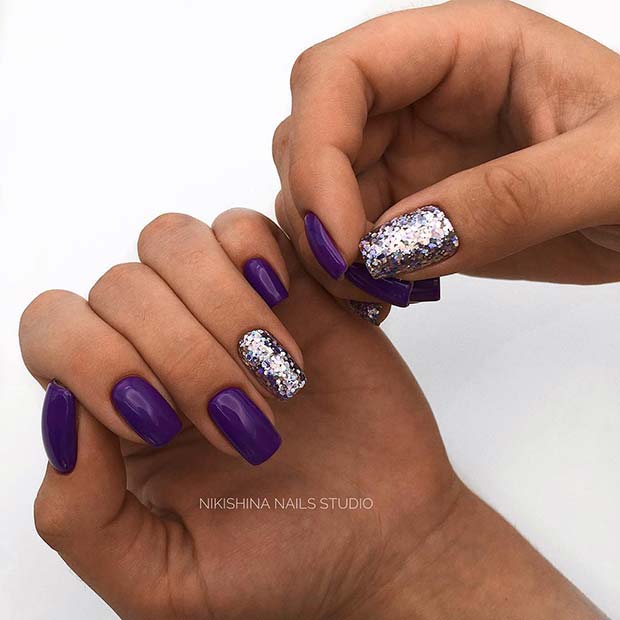 Purple and Silver Glitter Acrylic Nails