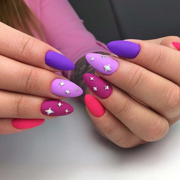 Bright Matte Nail Design with Gems