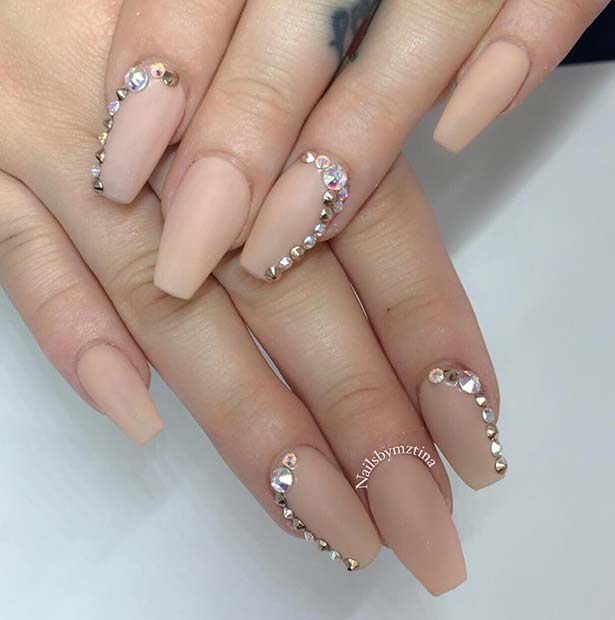 Matte Coffin Nails with Crystals