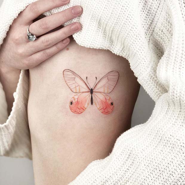 Delicate Butterfly Rib Tattoo Idea for Girls