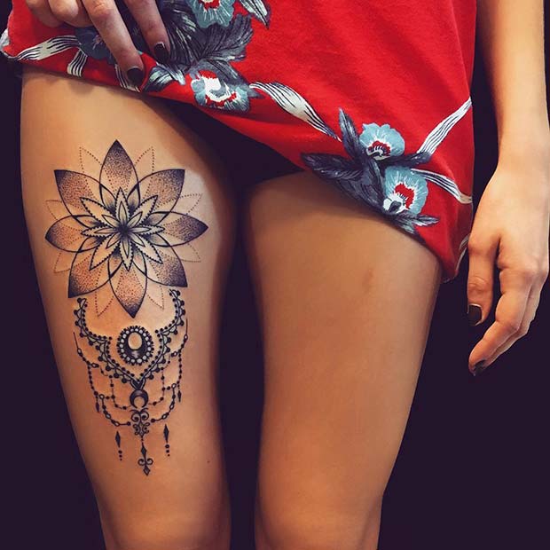 Geometric Lotus Thigh Tattoo 