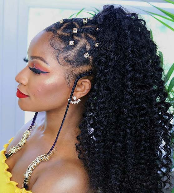 Curly Weave Ponytail with Braids and Cuffs
