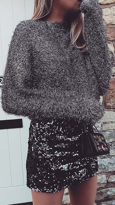 Sweater and Sequin Skirt Outfit Idea