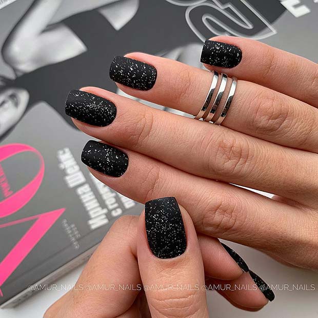 Glittery, Matte Black Acrylic Nails