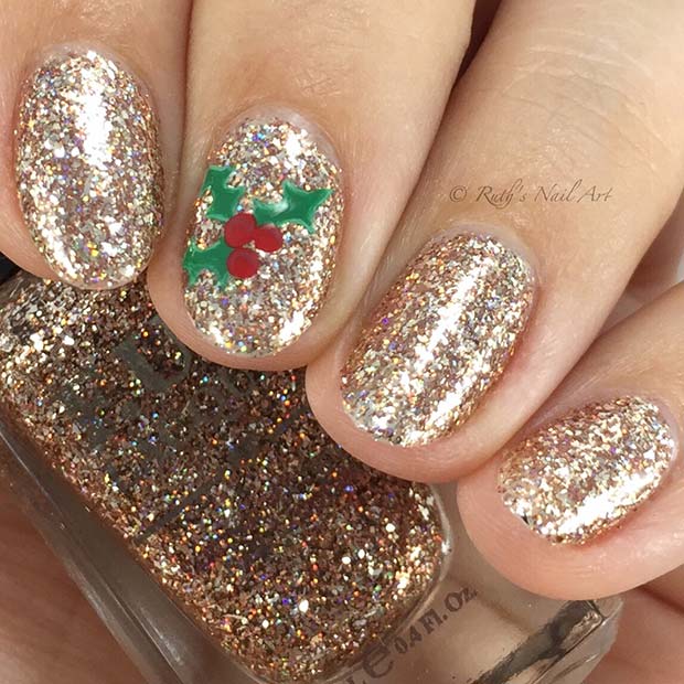 Gold Glitter Nails and Holly