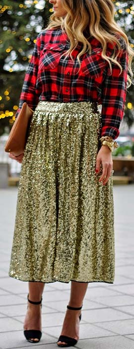 Gold Sequin Midi Skirt and Plaid Shirt