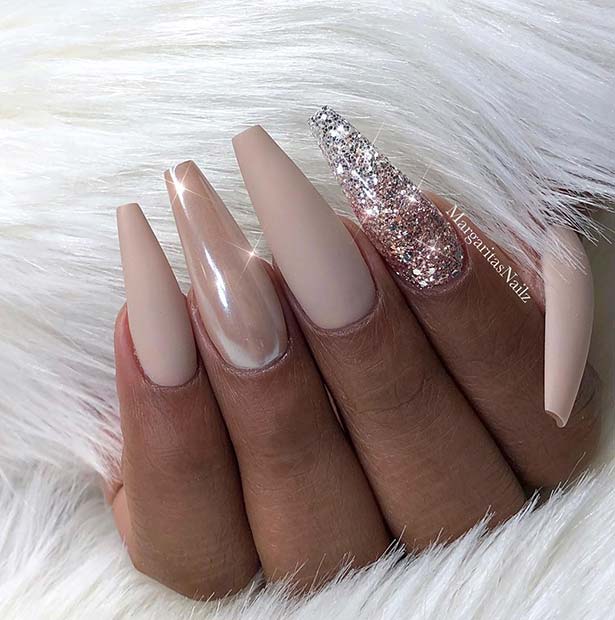 Nude Coffin Nails with Chrome and Glitter