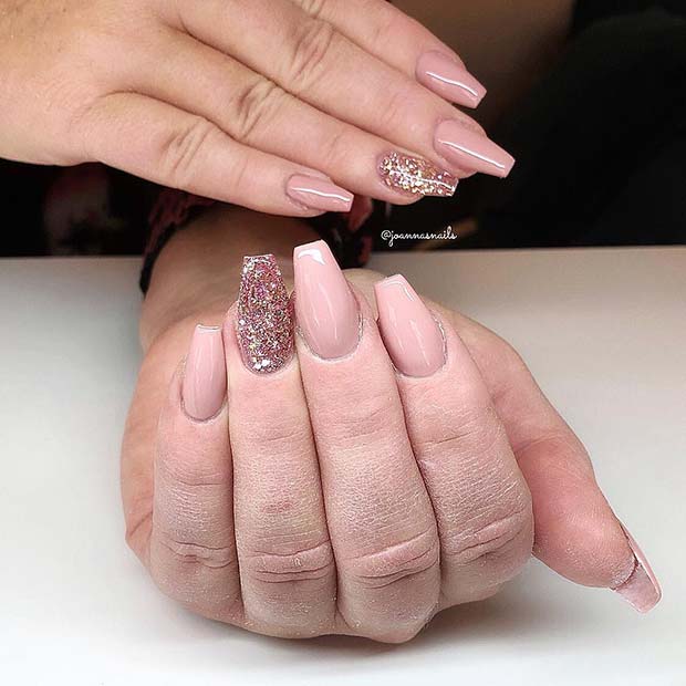 Nude Coffin Nails with Glitter Accent Nail