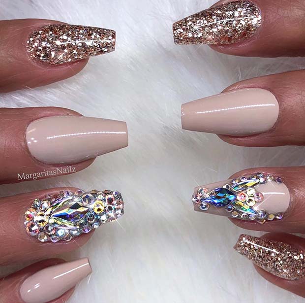 Nude Coffin Nails with Crystals and Glitter