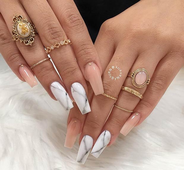 Nude and Marble Coffin Nails