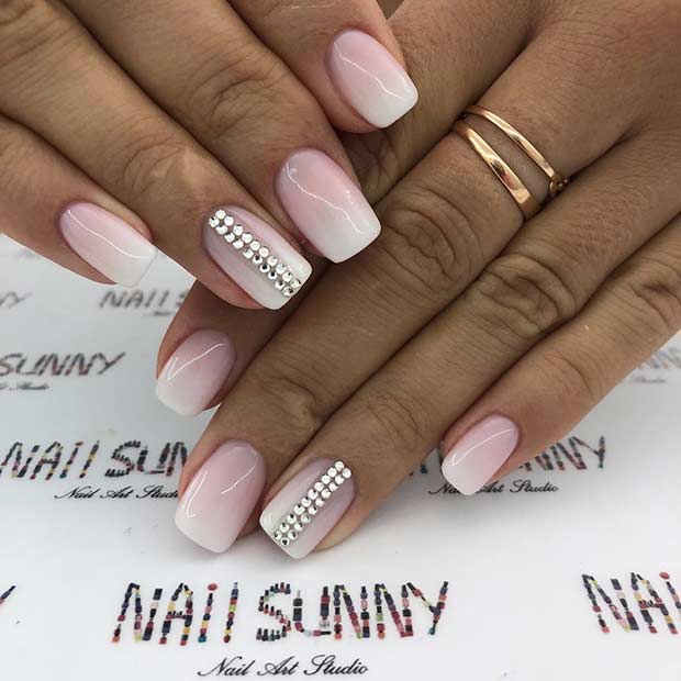 Nude to White Ombre Nails with Rhinestones