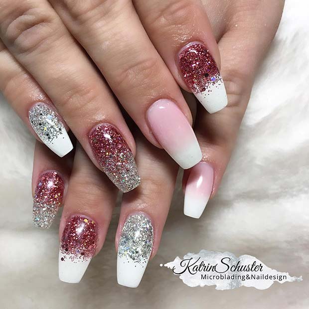 Glitter and French Ombre Nails