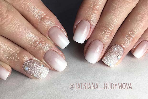 French Ombre Nails with Rhinestones 