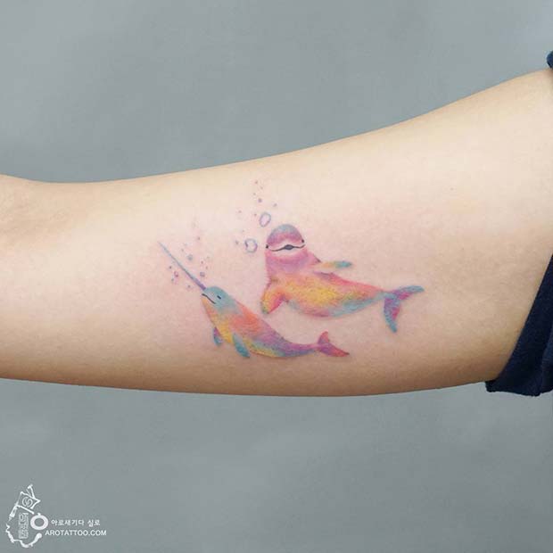Pastel Rainbow Narwhal and Beluga Tattoo 