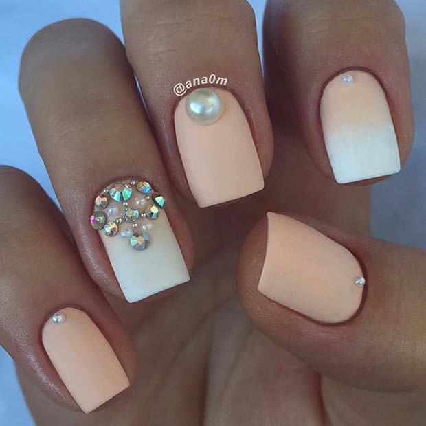 Matte Ombre Nails with Pearls and Rhinestones