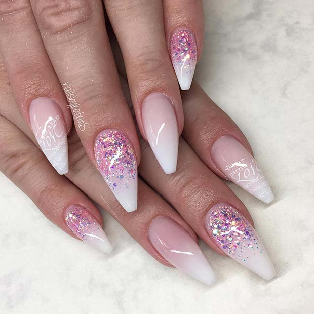 Pink Glitter and French Ombre Nails