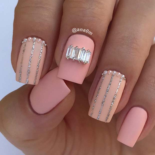 Matte Pink Nails with Rhinestones and Glitter