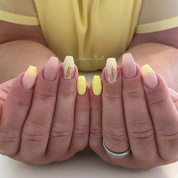 Stylish Yellow and Chrome Coffin Nails