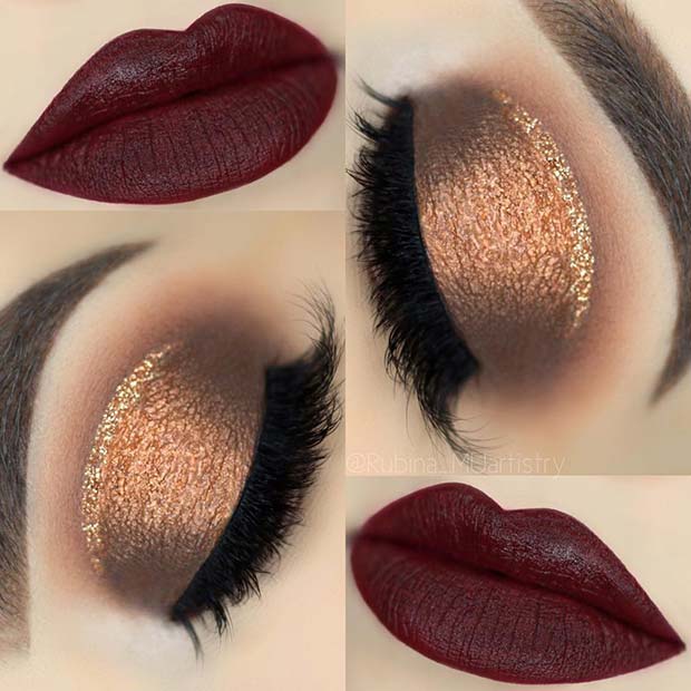 Shimmery Gold Eyes with Dark Red Lips