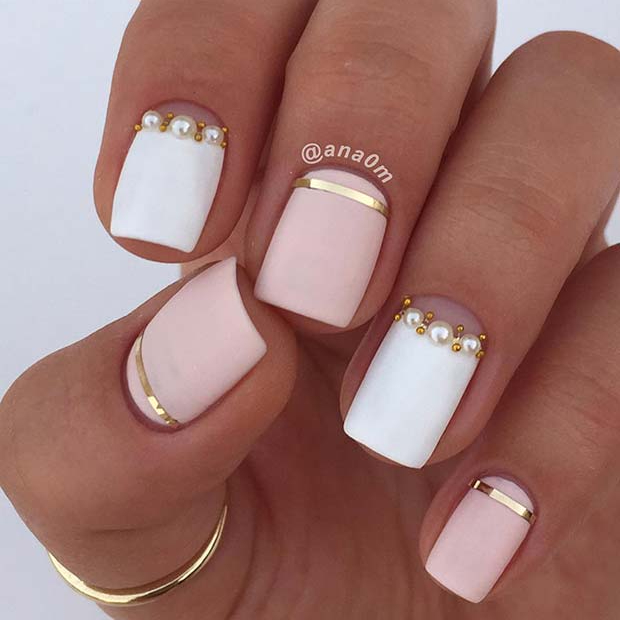 Matte White and Light Pink Nails with Pearls