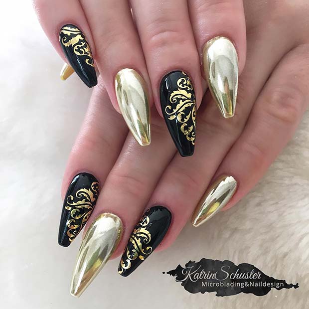 Black Coffin Nails with Gold Chrome