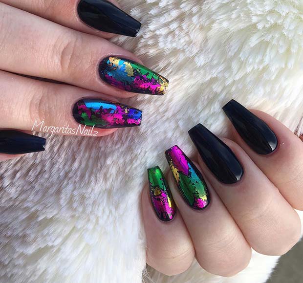 Black Coffin Nails with Rainbow Art