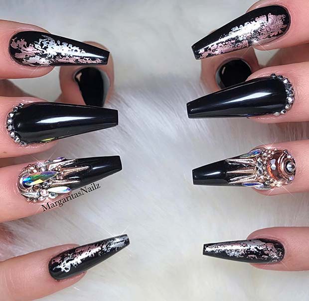 Black Coffin Nails with Silver Art 