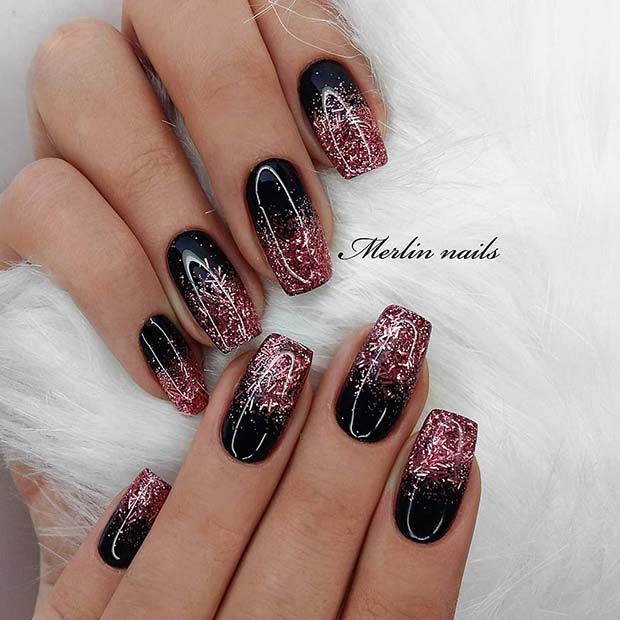 Black and Pink Glitter Ombre Gel Nails