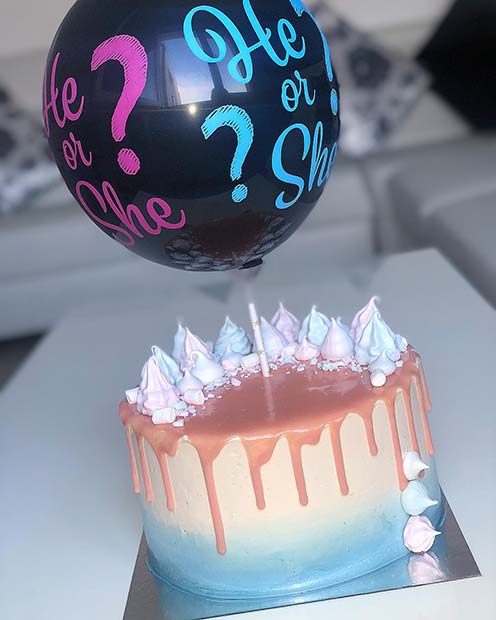 Gender Reveal Cake with He or She Balloon