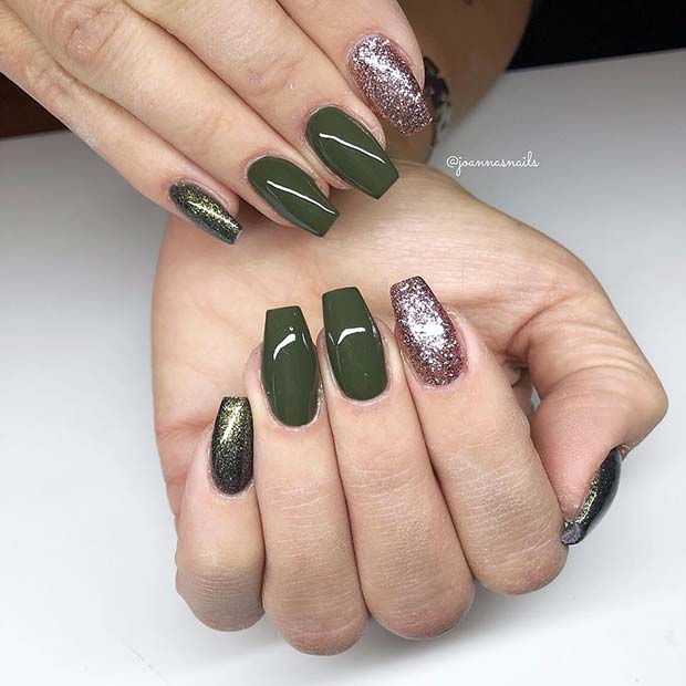 Dark Green and Glitter Gel Nail Design