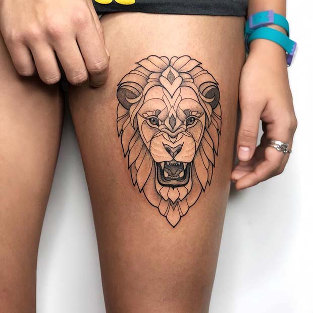Fierce Lion Thigh Tattoo