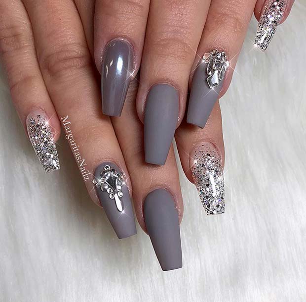 Glitter and Matte Grey Coffin Nails