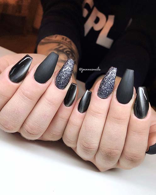 Glitter and Matte Coffin Nails