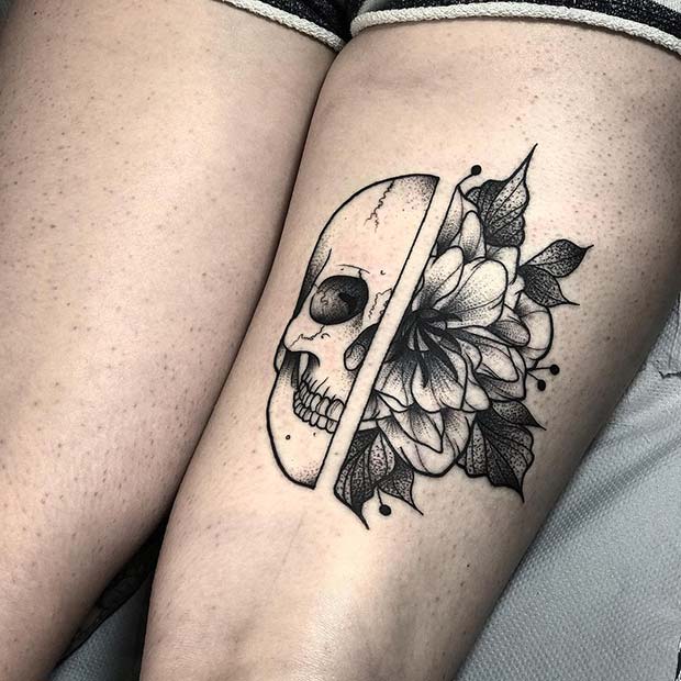 Half Skull, Half Flower Thigh Tattoo 