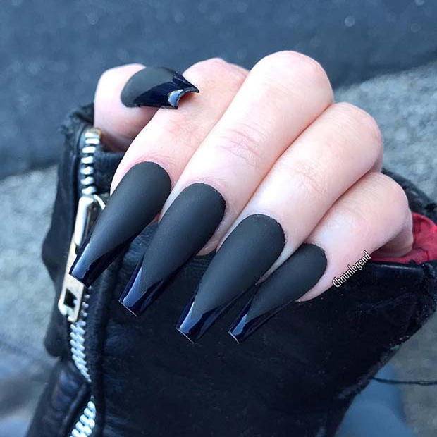 Matte Black Coffin Nails with Glossy Tips