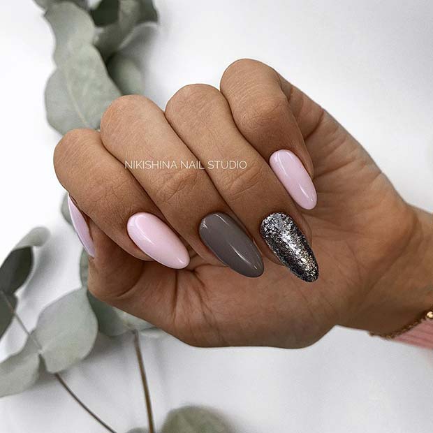 Pink, Grey and Glitter Nails