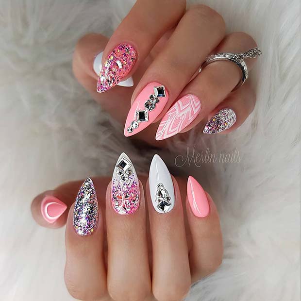 Sparkly Pink and White Nails