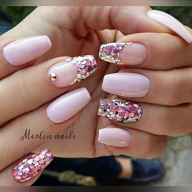 Light Pink Nails with Sparkly French Tips