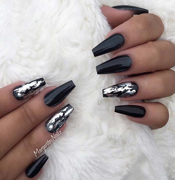 Trendy Silver and Black Coffin Nails