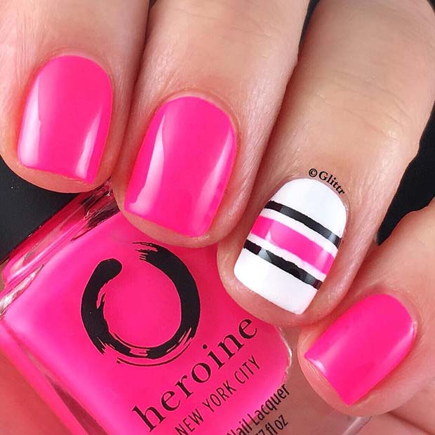 Vibrant Pink Nails with a White Accent Nail 