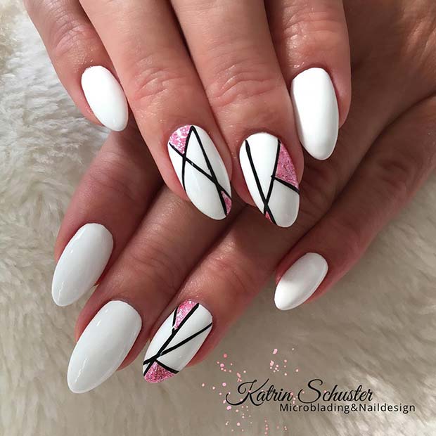 White Nails with Trendy Accent Designs