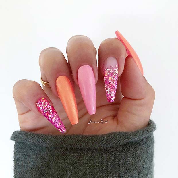 Pink and Orange Long Coffin Nails