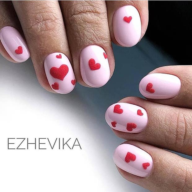Cute Pink Nails with Red Hearts