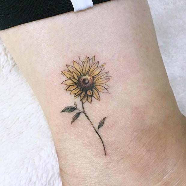 Delicate Ankle Sunflower Tattoo Design 