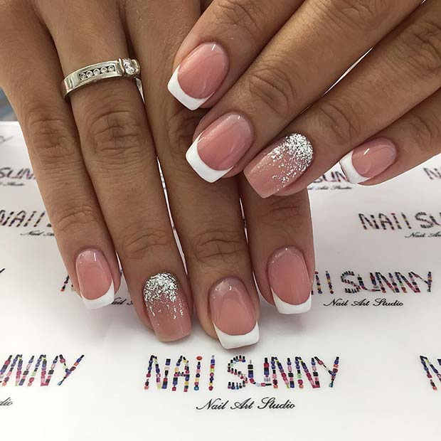 French Mani Nails with Silver Glitter