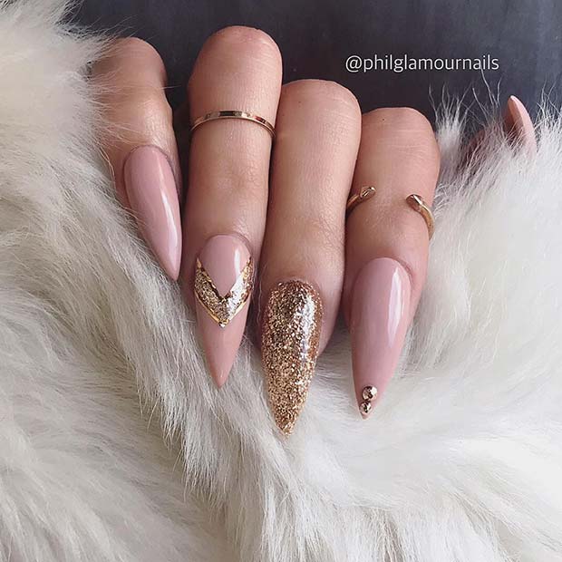 Nude Stiletto Nails with Gold Glitter 